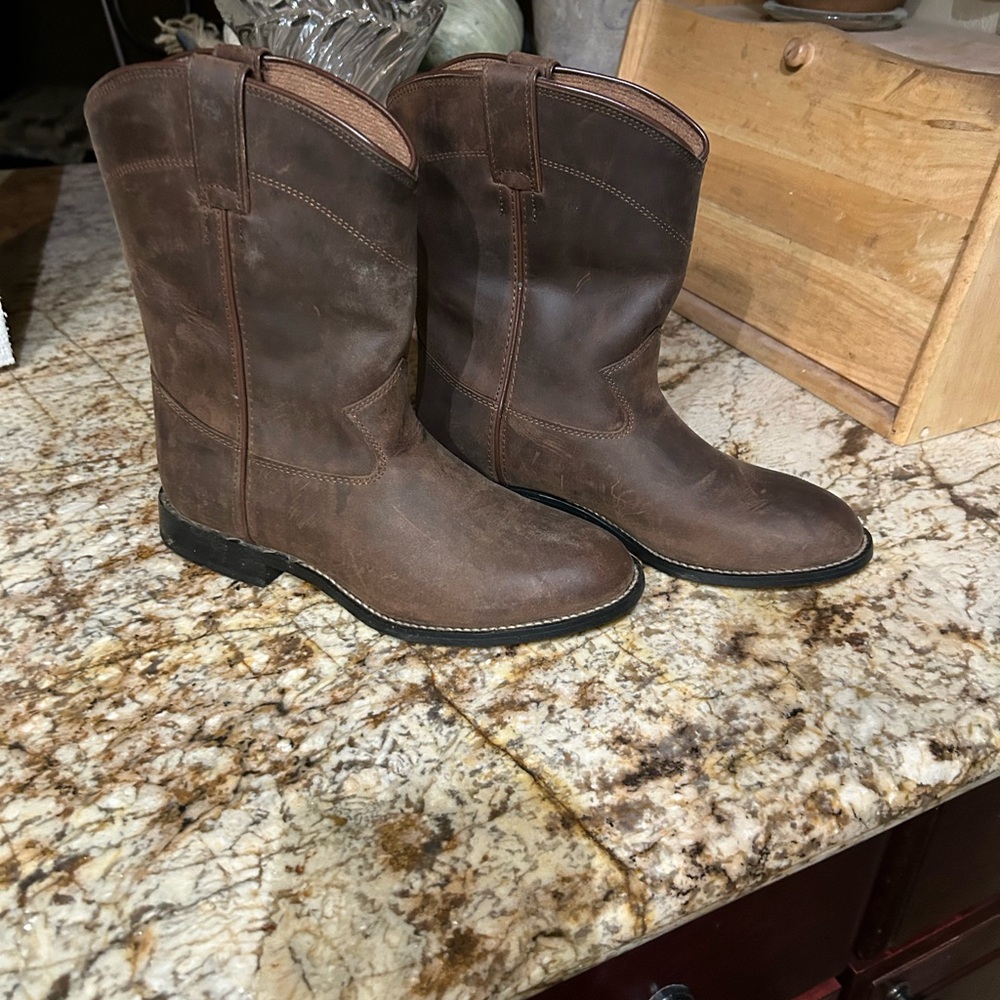 Justin Roper Big Boy Boots Brown Leather Western Heel with Black Sole Size 8.5D